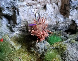 Fiore in miniatura realistica per diorama realizzata a mano con materiali naturali essiccati