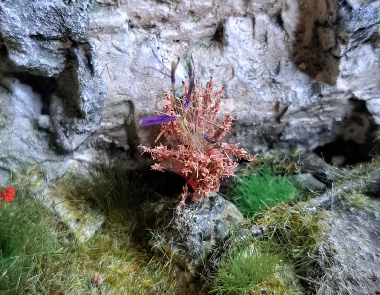 Fiore in miniatura realistica per diorama realizzata a mano con materiali naturali essiccati