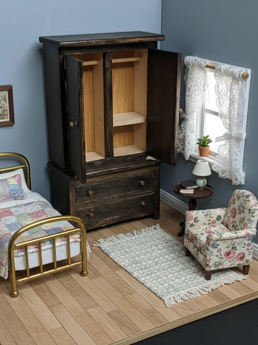 Mobiletto antico in miniatura intagliato a mano per arredamento casa delle bambole