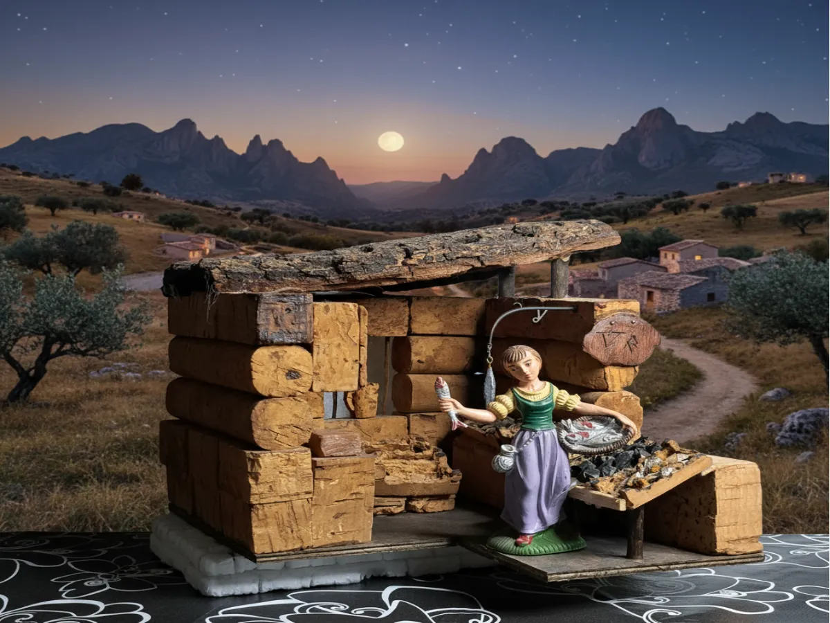 Bottega del pescivendolo per presepe in sughero e legno con statuina pescivendola e banco del pesce