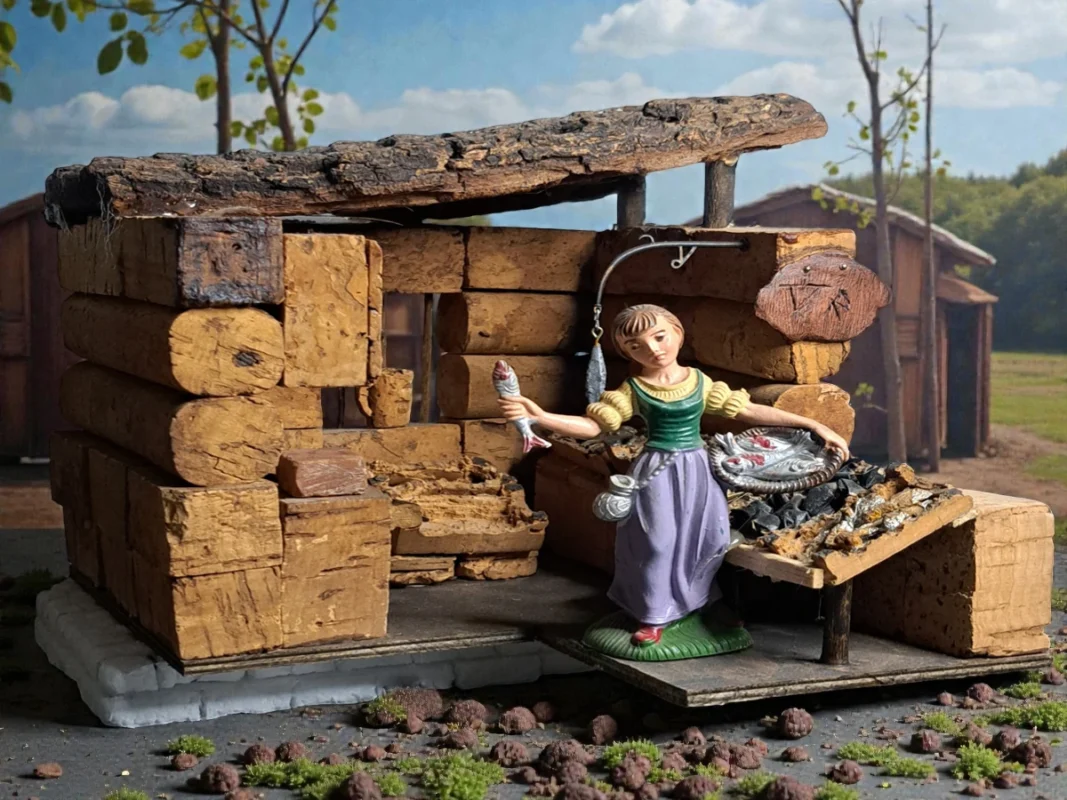 Bottega del pescivendolo per presepe in sughero e legno con statuina pescivendola e banco del pesce