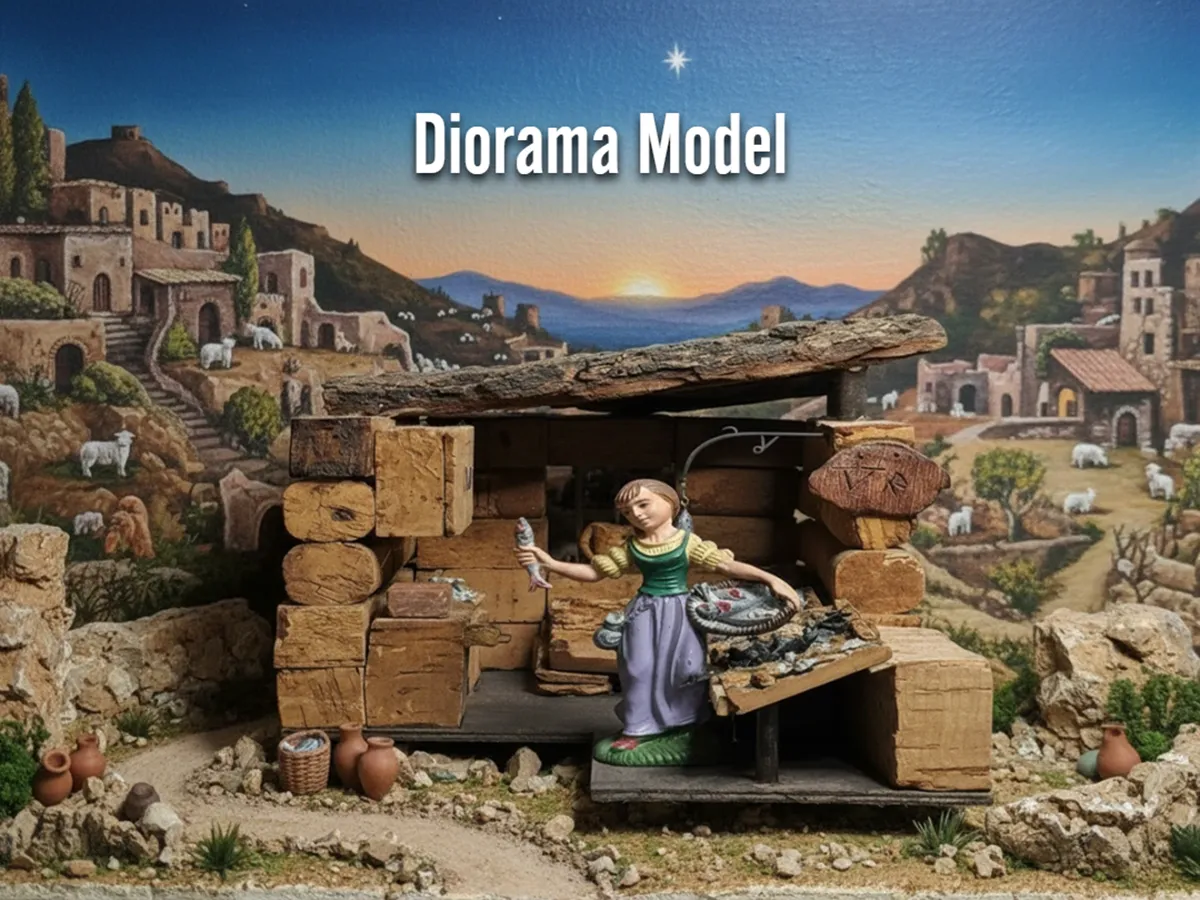 Bottega del pescivendolo per presepe in sughero e legno con statuina pescivendola e banco del pesce