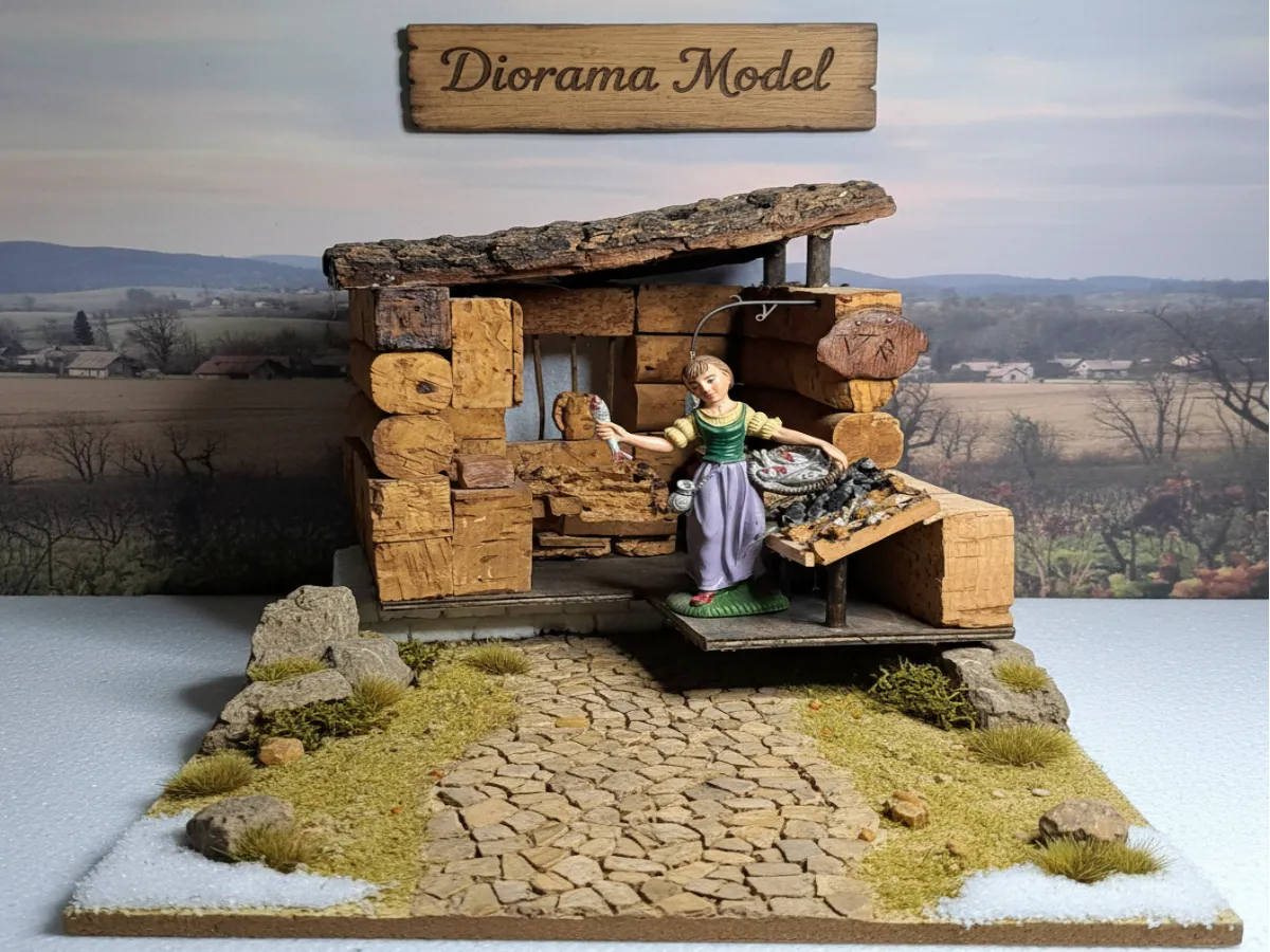 Bottega del pescivendolo per presepe in sughero e legno con statuina pescivendola e banco del pesce