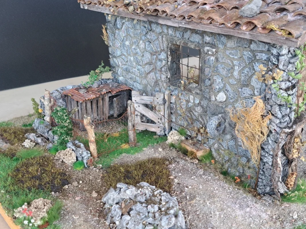 Modello rustico capanno in pietra per diorama e presepe artigianale