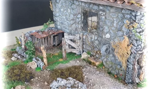 Modello rustico capanno in pietra per diorama e presepe artigianale