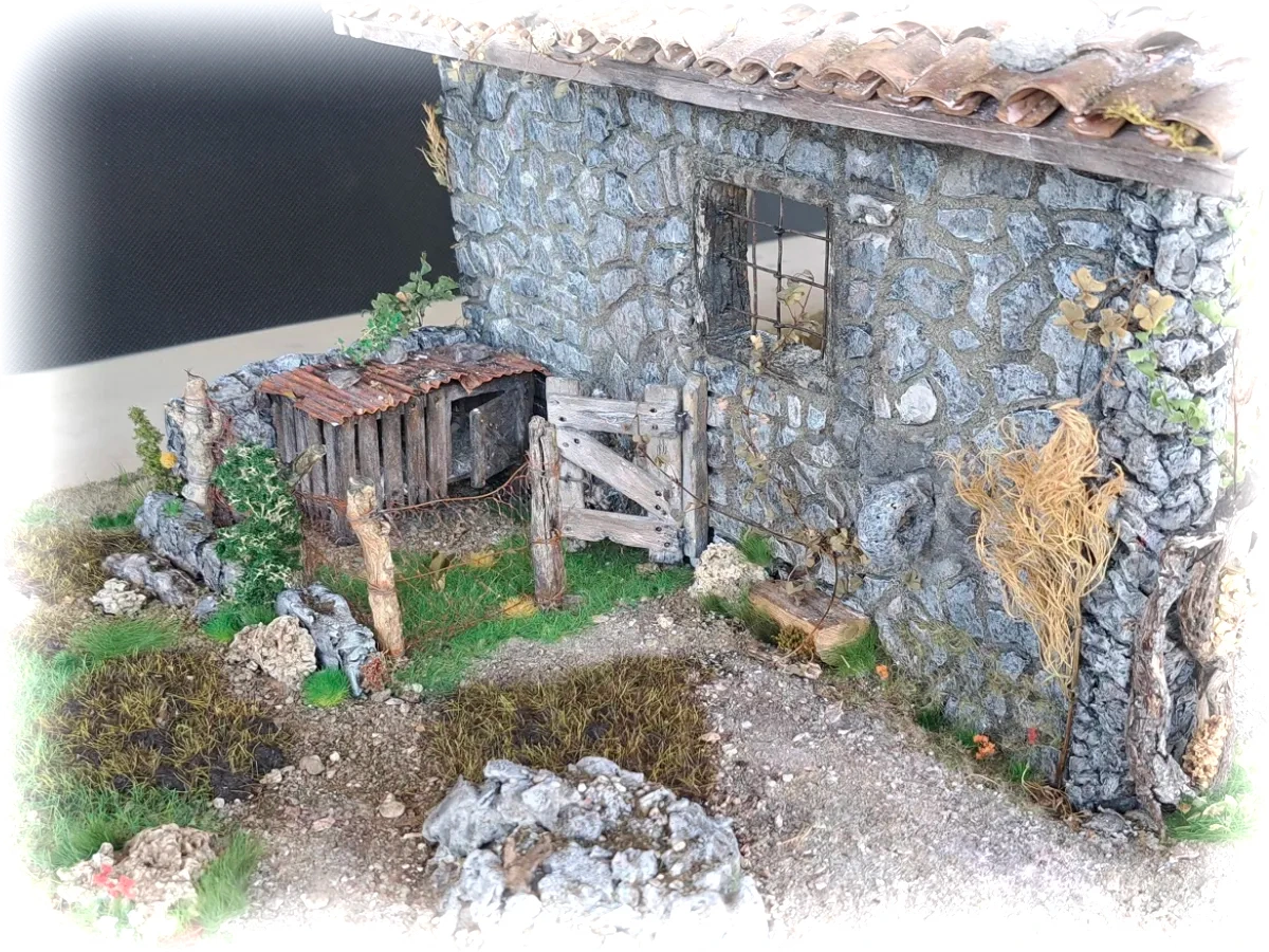 Modello rustico capanno in pietra per diorama e presepe artigianale