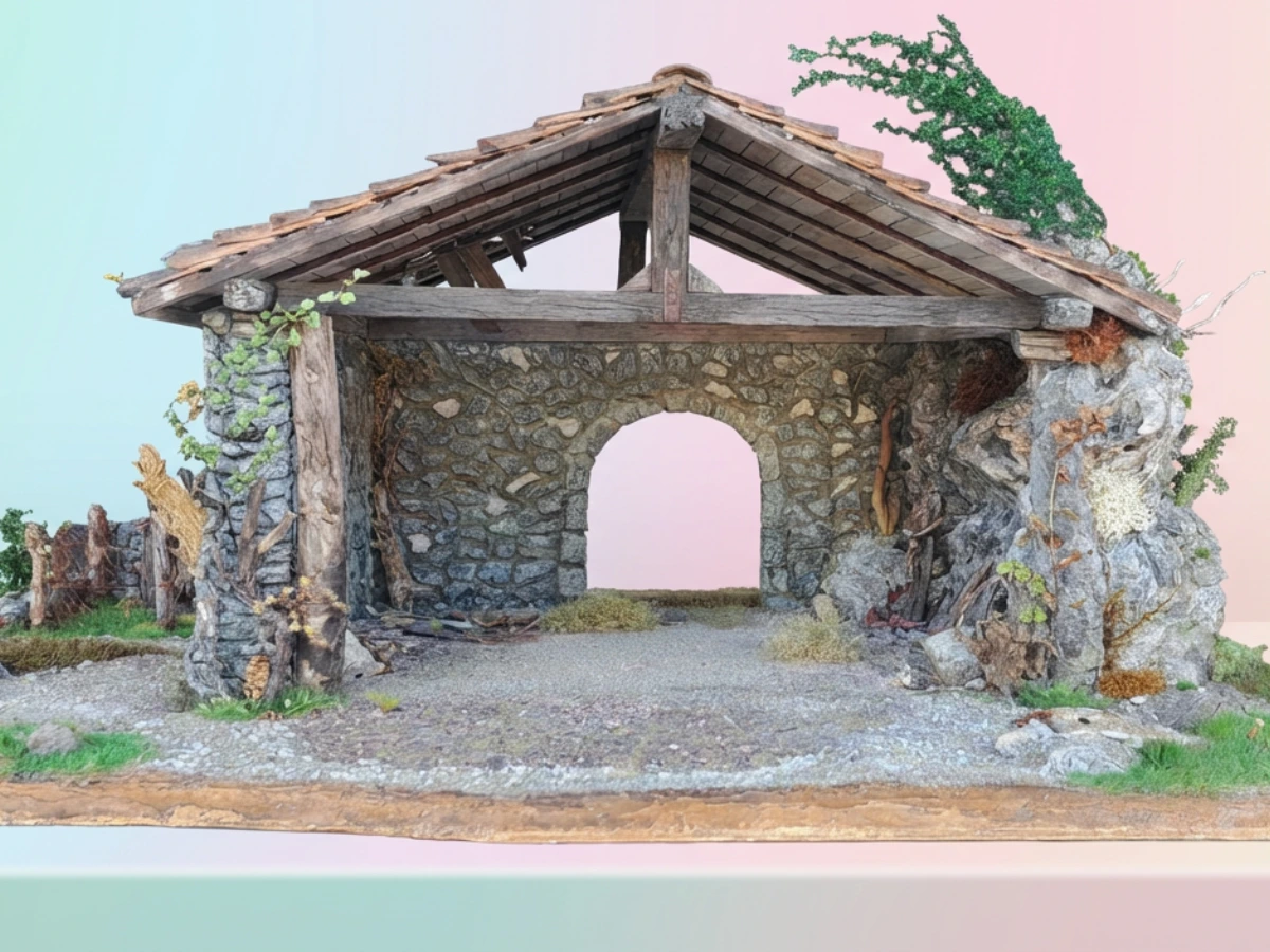 Modello rustico capanno in pietra per diorama e presepe artigianale