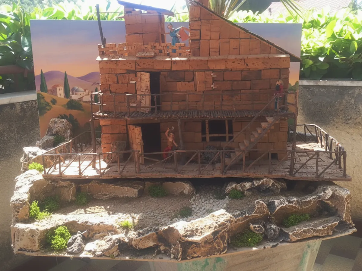 Casa artigianale per presepe in sughero e legno, miniatura fatta a mano per diorama natalizio