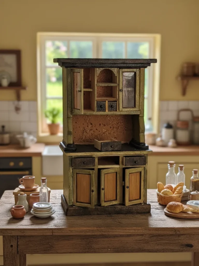 Mobiletto antico in miniatura intagliato a mano per arredamento casa delle bambole