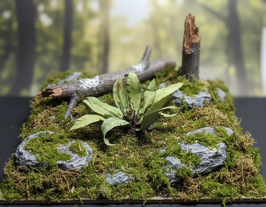Pianta in miniatura realistica per diorama realizzata a mano con materiali naturali essiccati