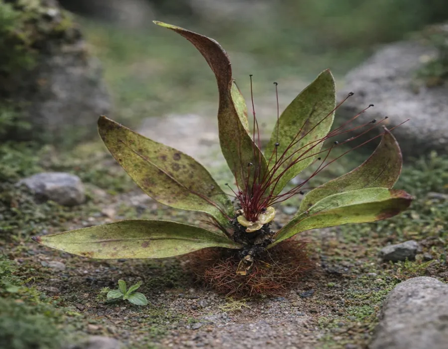 Pianta con fiore in miniatura realistica per diorama realizzata a mano con materiali naturali essiccati