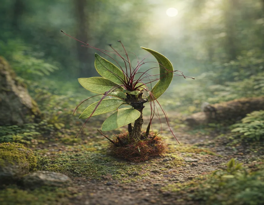 Pianta con fiore in miniatura realistica per diorama realizzata a mano con materiali naturali essiccati