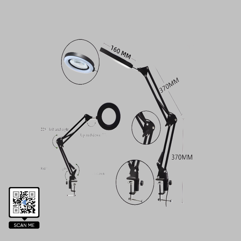 Lampada da scrivania con lente d'ingrandimento LED e braccio articolato 370mm x 370mm con morsetto