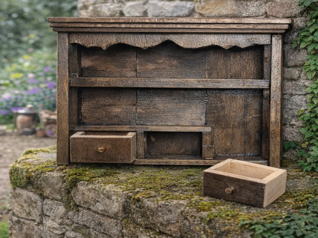 Mobiletto antico in miniatura intagliato a mano per arredamento casa delle bambole