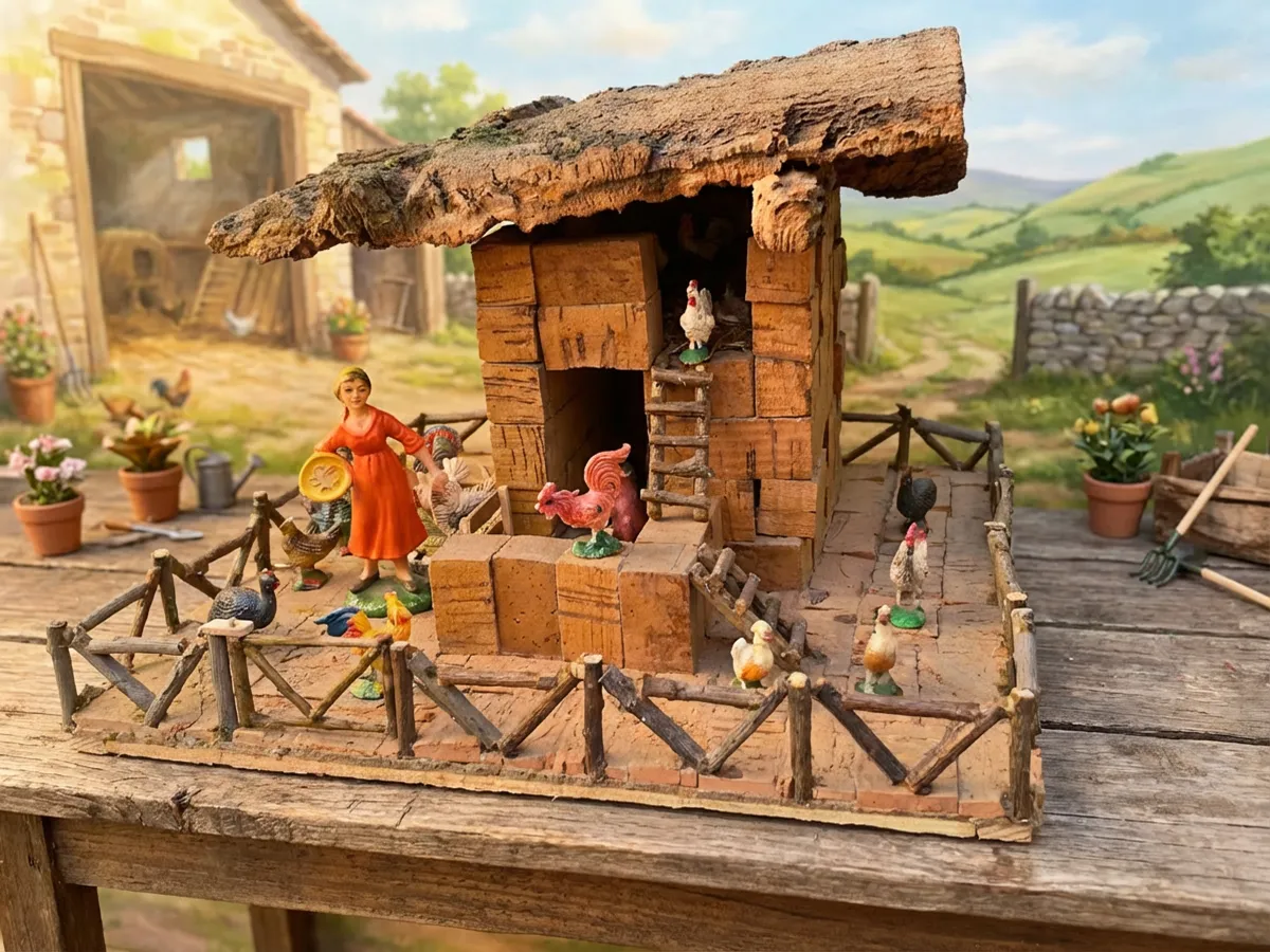 Scena rurale per presepe con pollaio in legno e sughero, animali in miniatura e recinto