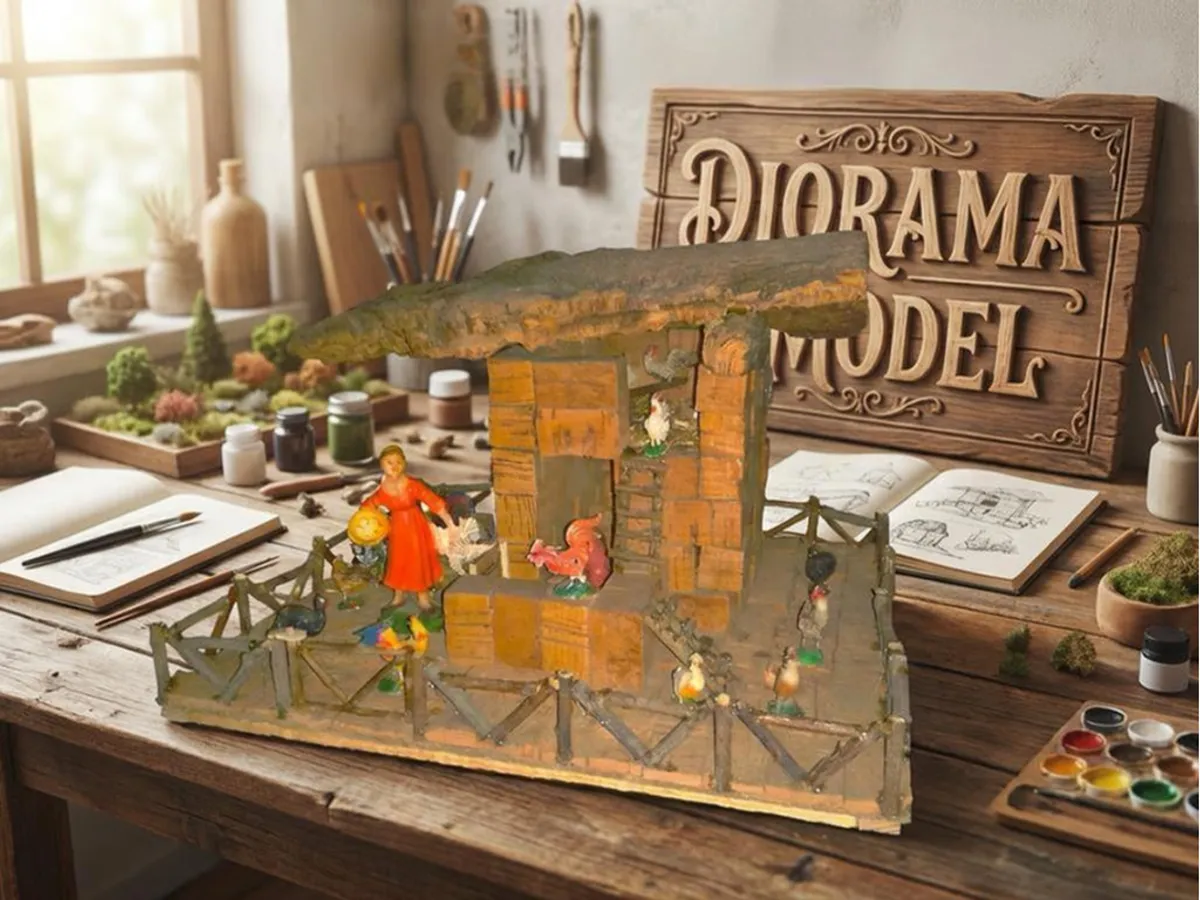 Scena rurale per presepe con pollaio in legno e sughero, animali in miniatura e recinto