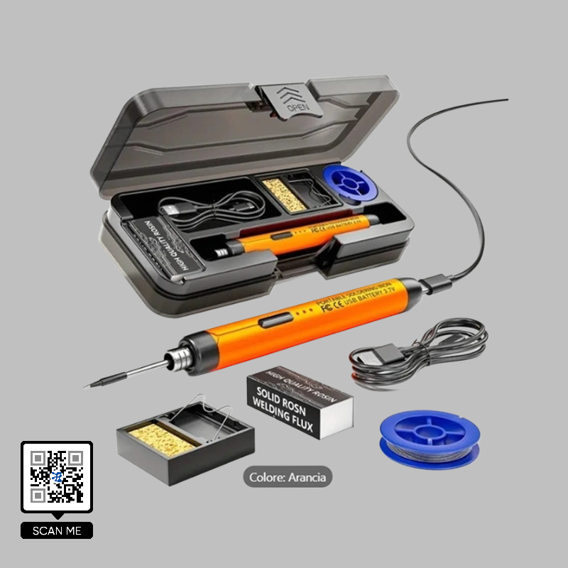 Kit mini saldatore elettrico USB ricaricabile arancione con stagno flussante e custodia