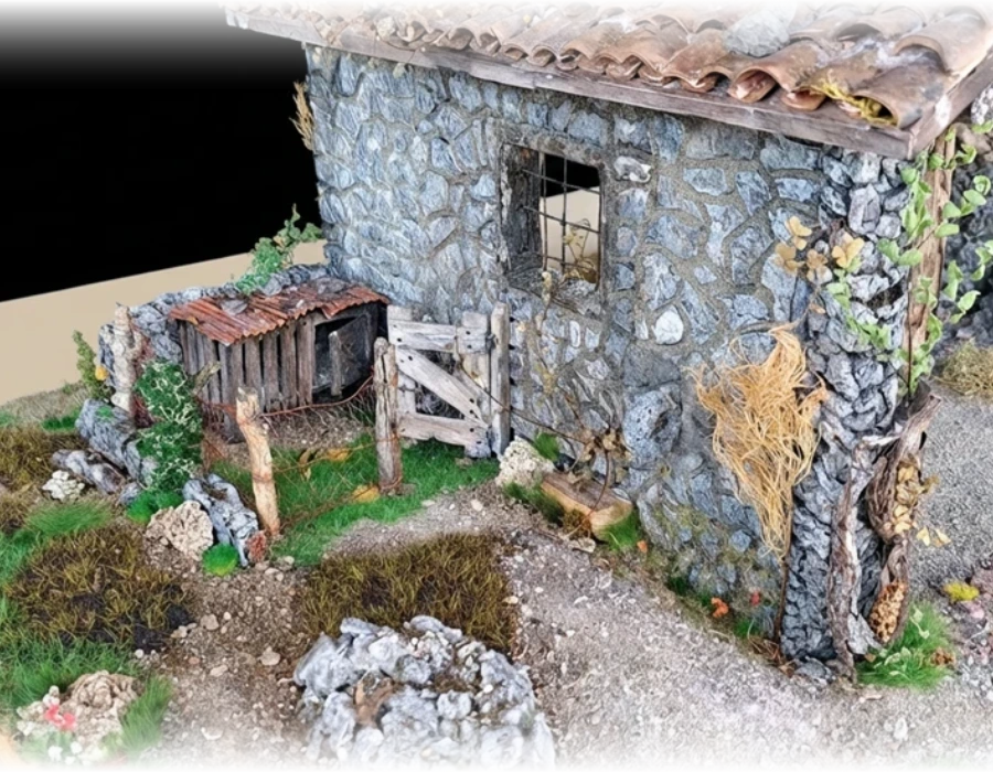 Modello rustico capanno in pietra per diorama e presepe artigianale